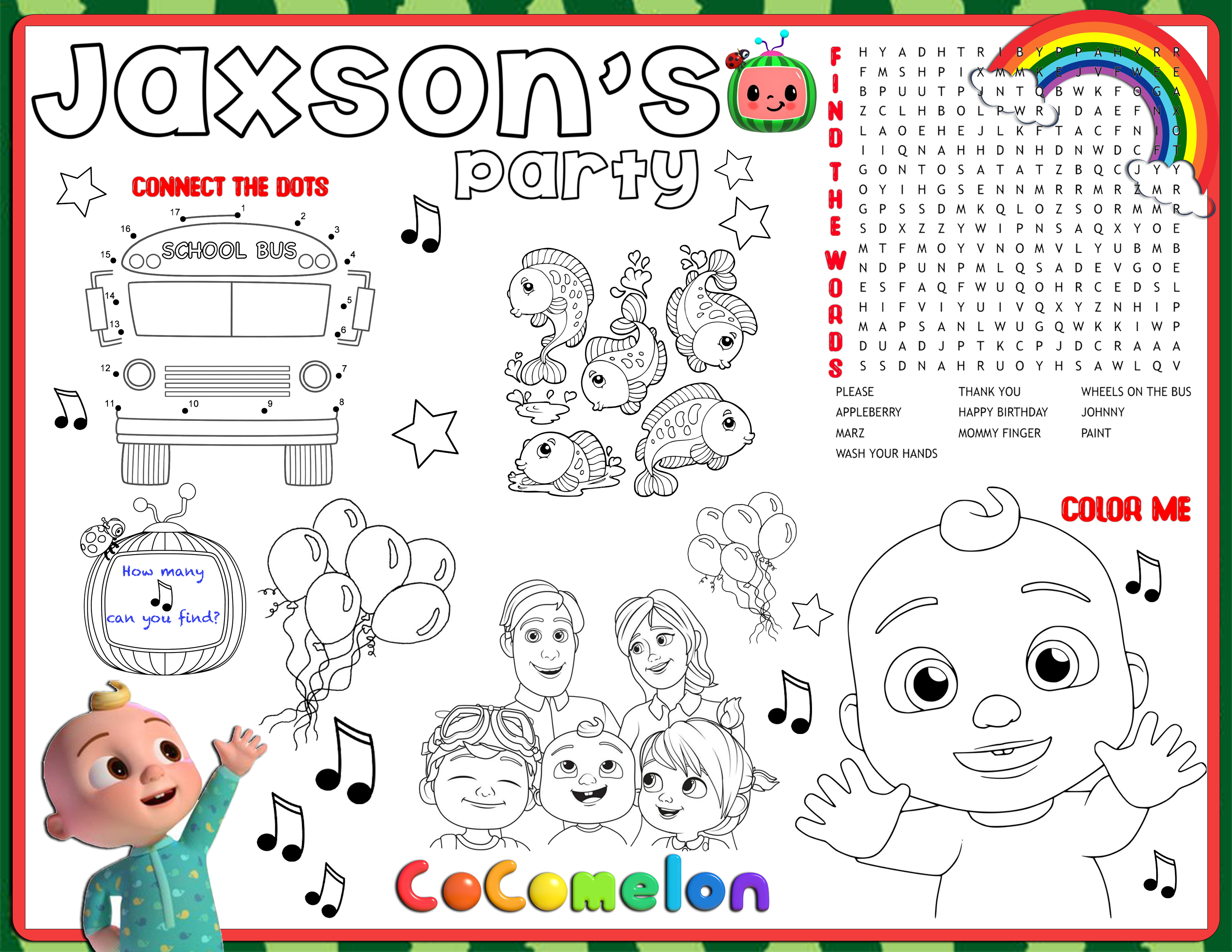 8 Cocomelon coloring paper placemats, Cocomelon birthday party, first  birthday party supplies, Cocomelon party favors, Cocomelon coloring